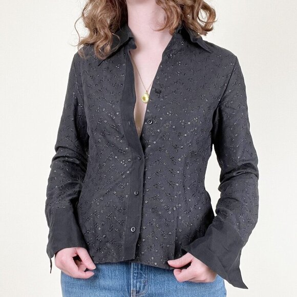 Vintage Tops - Vintage Silk & Linen Eyelet Lace Button Up Shirt Blouse Whimsigoth Witch 90s Y2K
